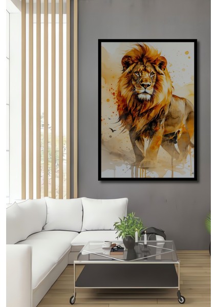 Çerçeve Görünümlü Sulu Boya Görünümlü Aslan Portresi Dekoratif Ahşap Ev/işyeri/ofis Kare Tablo