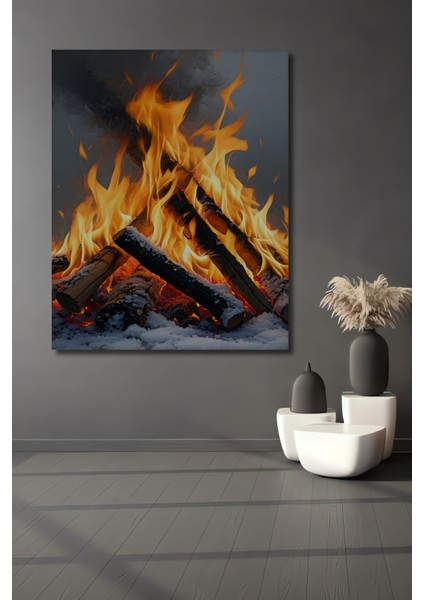 Karda Yanan Odun Ateşi Yağlı Boya Görünümlü Dekoratif Ahşap Ev/işyeri/ofis Kare Tablo