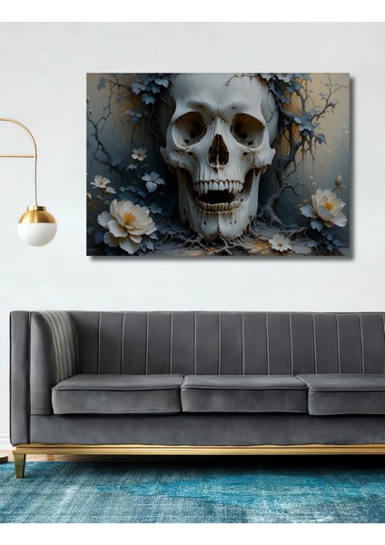 Çiçekler ve Kafatası Yağlı Boya Görünümlü Dekoratif Ahşap Ev/işyeri/ofis Kare Tablo