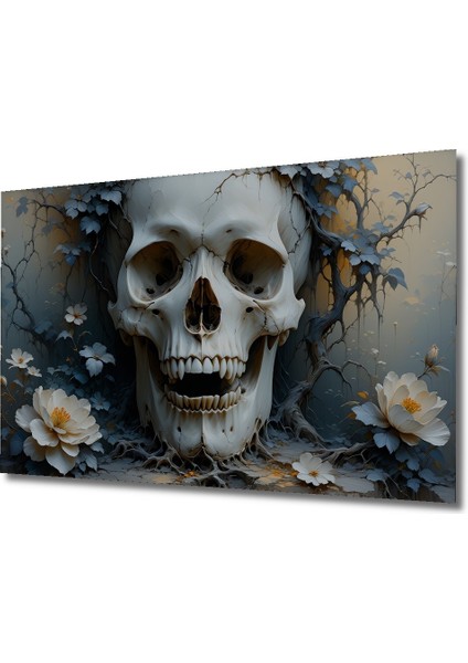 Çiçekler ve Kafatası Yağlı Boya Görünümlü Dekoratif Ahşap Ev/işyeri/ofis Kare Tablo fiyatları