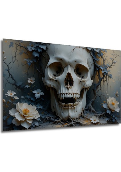 Çiçekler ve Kafatası Yağlı Boya Görünümlü Dekoratif Ahşap Ev/işyeri/ofis Kare Tablo modelleri
