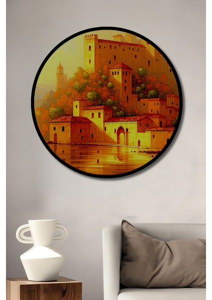 Çerçeve Görünümlü Altın Şehir Yağlı Boya Görünümlü Dekoratif Ahşap Ev/işyeri/ofis Yuvarlak Tablo