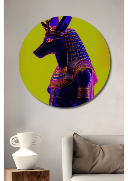 Anubis Tanrısı Neon Işığında Yağlı Boya Görünümlü Ev/işyeri/ofis Dekoratif Ahşap Yuvarlak Tablo