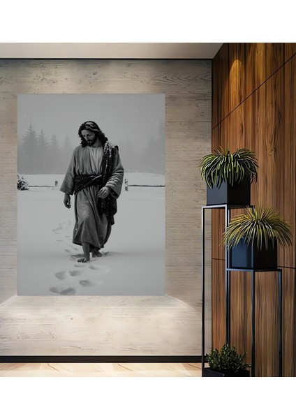 Karlı Yolda Isa Kara Kalem Görünümlü Dekoratif Ahşap Ev/işyeri/ofis Kare Tablo