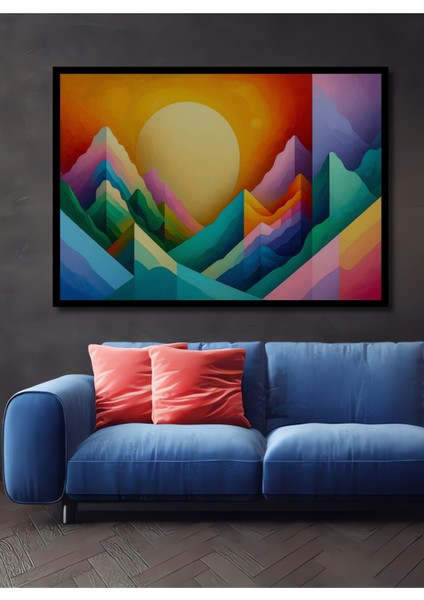 Çerçeve Görünümlü Renkli Dağlar ve Güneş Yağlı Boya Görünümlü Dekoratif Ahşap Ofis Kare Tablo