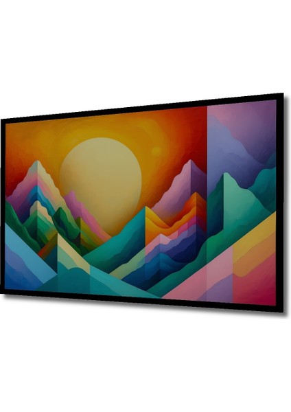 Çerçeve Görünümlü Renkli Dağlar ve Güneş Yağlı Boya Görünümlü Dekoratif Ahşap Ofis Kare Tablo fiyatları