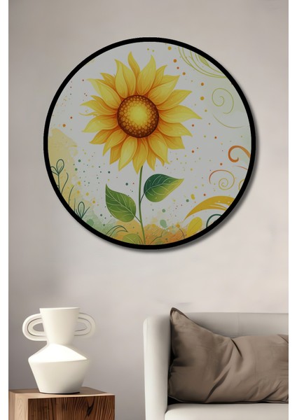 Çerçeve Görünümlü Sulu Boya Görünümlü Ayçiçeği Modern Sanat Dekoratif Ahşap Ofis Yuvarlak Tablo