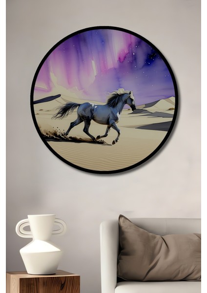 Çerçeve Görünümlü Gökyüzü Dansı Atı Sulu Boya Görünümlü Dekoratif Ahşap Işyeri/ofis Yuvarlak Tablo