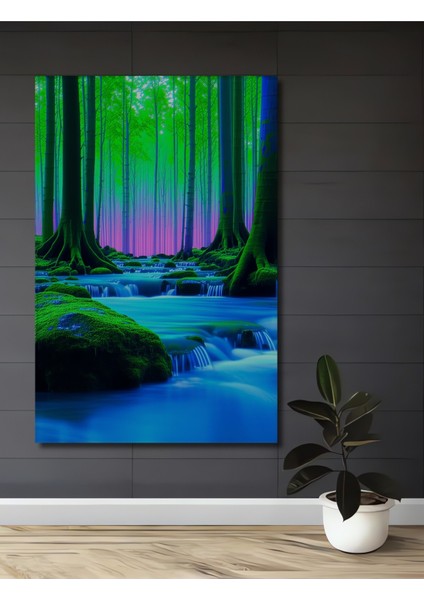 Neon Orman Şelalesi Yağlı Boya Görünümlü Dekoratif Ahşap Ev/işyeri/ofis Kare Tablo