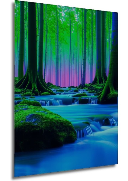 Neon Orman Şelalesi Yağlı Boya Görünümlü Dekoratif Ahşap Ev/işyeri/ofis Kare Tablo modelleri