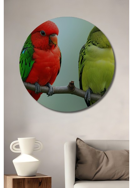 Kırmızı Yeşil Papağanlar Yağlı Boya Görünümlü Dekoratif Ahşap Ev/işyeri/ofis Yuvarlak Tablo