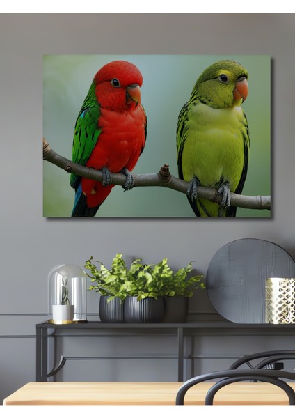 Kırmızı Yeşil Papağanlar Yağlı Boya Görünümlü Dekoratif Ahşap Ev/işyeri/ofis Kare Tablo