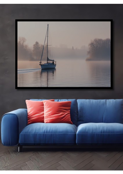 Çerçeve Görünümlü Sisli Gölde Yelkenli Huzur Dekoratif Ahşap Ev/işyeri/ofis Kare Tablo