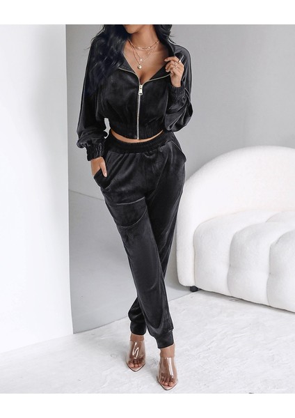 Ezel Glory Kadın Uzun Kollu Önden Fermuarlı Krop Kadife Ceket ve Pantolon Ikili Takım fiyatları