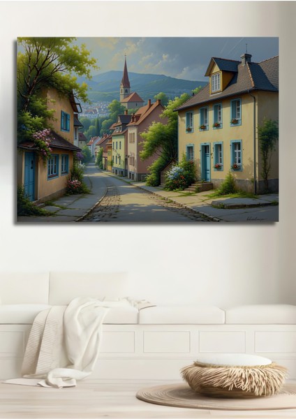 Pastel Renkli Sokak Manzarası Yağlı Boya Görünümlü Dekoratif Ahşap Ev/işyeri/ofis Kare Tablo