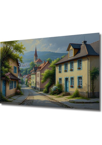 Pastel Renkli Sokak Manzarası Yağlı Boya Görünümlü Dekoratif Ahşap Ev/işyeri/ofis Kare Tablo fiyatları