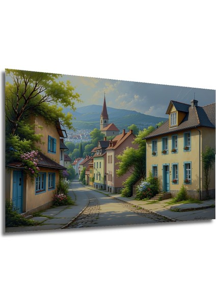 Pastel Renkli Sokak Manzarası Yağlı Boya Görünümlü Dekoratif Ahşap Ev/işyeri/ofis Kare Tablo modelleri