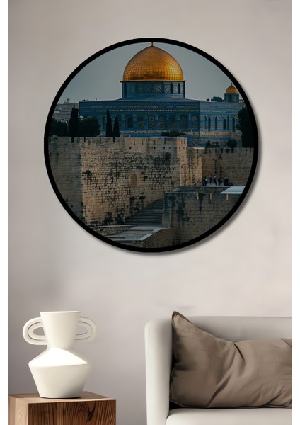 Çerçeve Görünümlü Kudüs Kubbet Üs Sahra Altın Işıltısı Yağlı Boya Görünümlü Ahşap Ofis Tablo