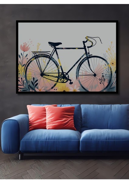Çerçeve Görünümlü Çiçekli Bisiklet Sulu Boya Görünümlü Dekoratif Ahşap Ev/işyeri/ofis Kare Tablo