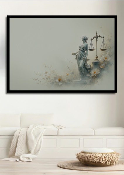 Çerçeve Görünümlü Adalet Tanrıçası Çiçek Bahçesi Yağlı Boya Görünümlü Ahşap Ofis Kare Tablo