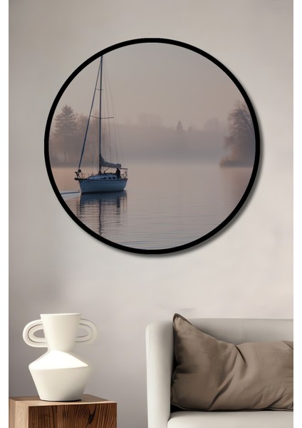 Çerçeve Görünümlü Sisli Gölde Yelkenli Huzur Dekoratif Ahşap Ev/işyeri/ofis Yuvarlak Tablo