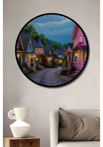 Çerçeve Görünümlü Çiçek Bahçeli Evler Yağlı Boya Görünümlü Ofis Dekoratif Ahşap Yuvarlak Tablo