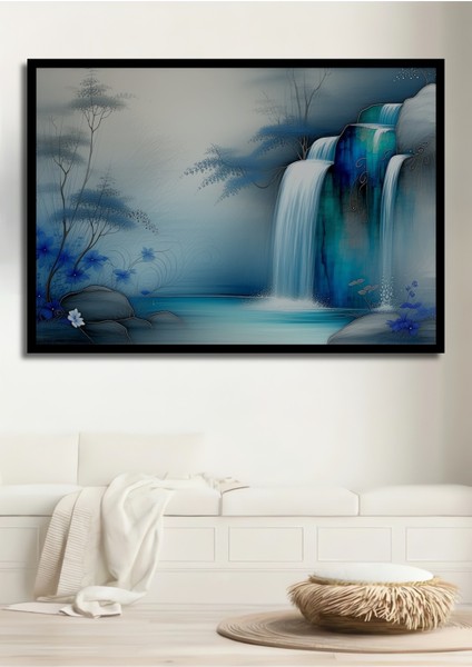 Çerçeve Görünümlü Sulu Boya Görünümlü Mavi Çağlayanlar Dekoratif Ahşap Ev/işyeri/ofis Kare Tablo