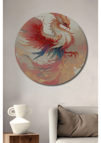 Efsanevi Anka Kuşu Yağlı Boya Görünümlü Dekoratif Ahşap Ev/işyeri/ofis Yuvarlak Tablo