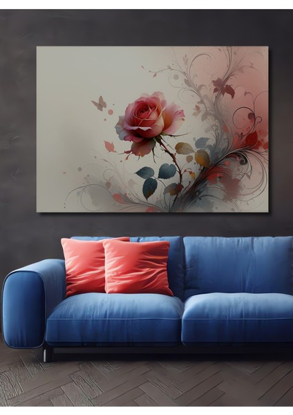 Romantik Gül ve Kelebek Sulu Boya Görünümlü Dekoratif Ahşap Ev/işyeri/ofis Kare Tablo