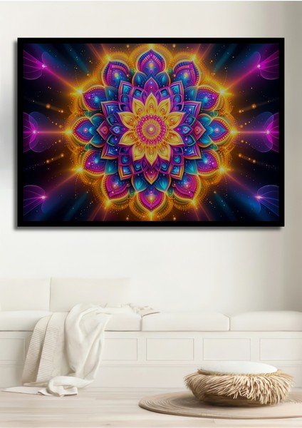 Çerçeve Görünümlü Neon Işıltılı Mandala Yağlı Boya Görünümlü Dekoratif Ahşap Işyeri/ofis Kare Tablo