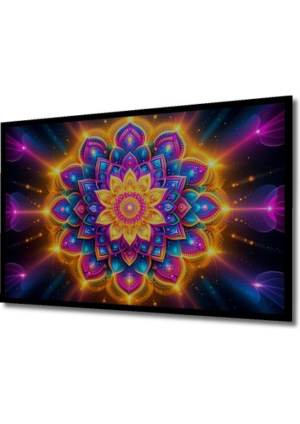 Çerçeve Görünümlü Neon Işıltılı Mandala Yağlı Boya Görünümlü Dekoratif Ahşap Işyeri/ofis Kare Tablo fiyatları