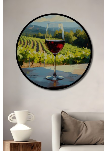 Çerçeve Görünümlü Şarap Tadında Bağbozumu Yağlı Boya Görünümlü Dekoratif Ahşap Ofis Yuvarlak Tablo