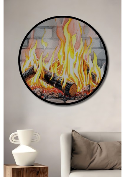 Çerçeve Görünümlü Şömine Ateşi Sulu Boya Görünümlü Dekoratif Ahşap Ev/işyeri/ofis Yuvarlak Tablo