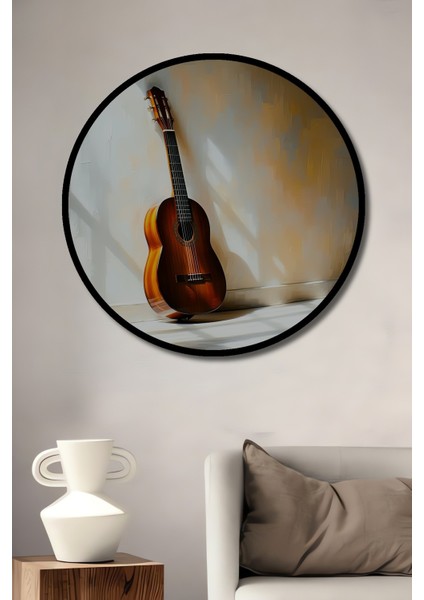 Çerçeve Görünümlü Dekoratif Ahşap Gitar Modern Sanat Yağlı Boya Görünümlü Ofis Yuvarlak Tablo