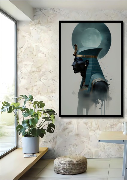 Çerçeve Görünümlü Mısır Firavun Tutankamon Sulu Boya Görünümlü Dekoratif Ahşap Ofis Kare Tablo