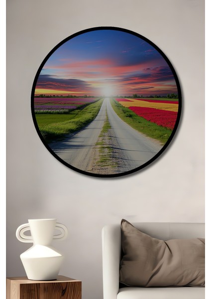 Çerçeve Görünümlü Sonsuzluğa Uzanan Çiçek Tarlası Yolu Yağlı Boya Görünümlü Ahşap Ofis Tablo