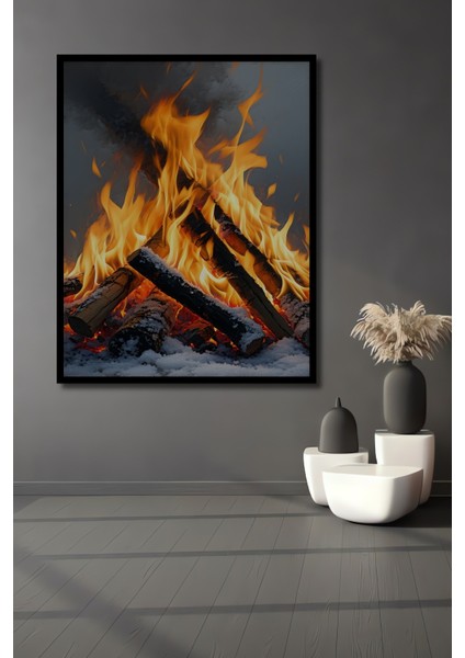 Çerçeve Görünümlü Karda Yanan Odun Ateşi Yağlı Boya Görünümlü Dekoratif Ahşap Ofis Kare Tablo
