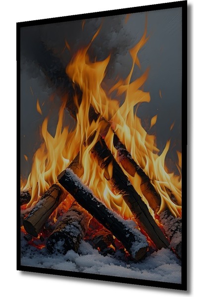 Çerçeve Görünümlü Karda Yanan Odun Ateşi Yağlı Boya Görünümlü Dekoratif Ahşap Ofis Kare Tablo fiyatları