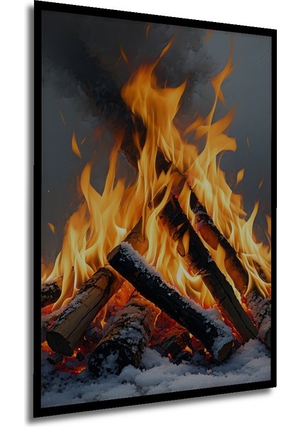 Çerçeve Görünümlü Karda Yanan Odun Ateşi Yağlı Boya Görünümlü Dekoratif Ahşap Ofis Kare Tablo modelleri