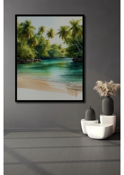 Çerçeve Görünümlü Tropikal Cennet Sulu Boya Görünümlü Dekoratif Ahşap Ev/işyeri/ofis Kare Tablo