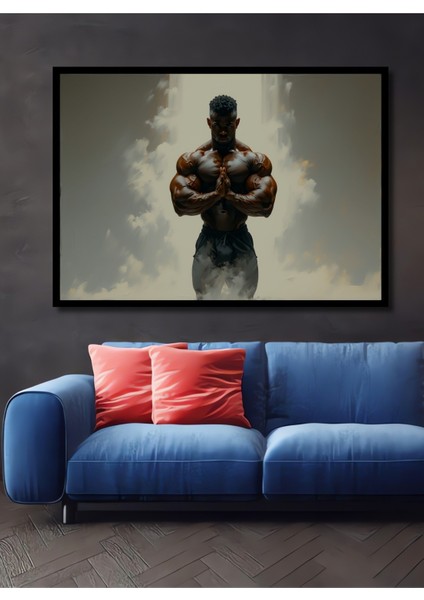 Çerçeve Görünümlü Kaslı Adam Yağlı Boya Görünümlü Modern Sanat Ofis Dekoratif Ahşap Kare Tablo