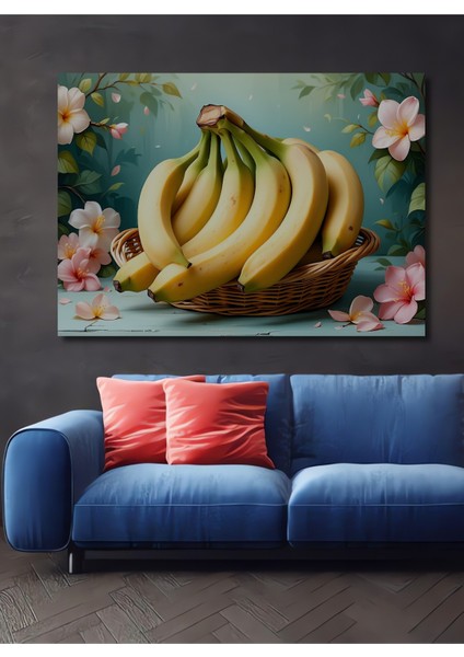 Çiçekler ve Muzlar Yağlı Boya Görünümlü Dekoratif Ahşap Ev/işyeri/ofis Kare Tablo