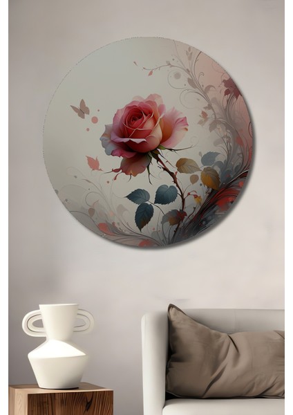Romantik Gül ve Kelebek Sulu Boya Görünümlü Dekoratif Ahşap Ev/işyeri/ofis Yuvarlak Tablo