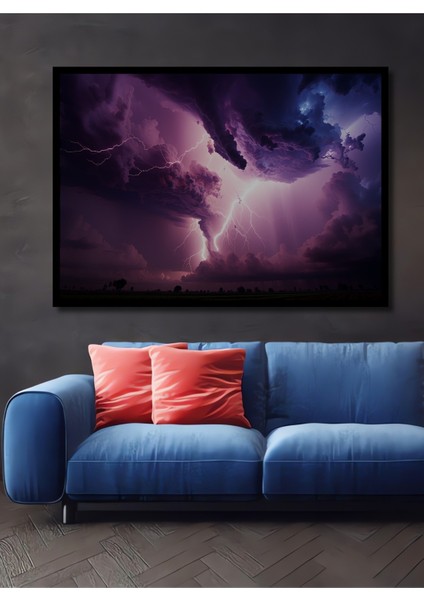 Çerçeve Görünümlü Mor Fırtına Yağlı Boya Görünümlü Dekoratif Ahşap Ev/işyeri/ofis Kare Tablo