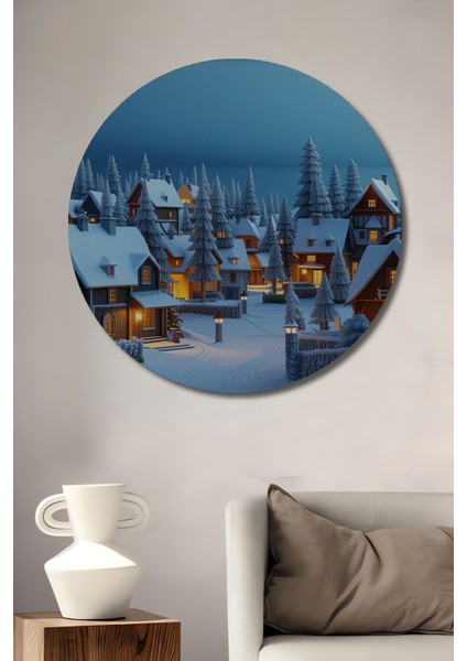 Kış Masalı Dekoratif Ahşap Kasaba Yağlı Boya Görünümlü Ev/işyeri/ofis Yuvarlak Tablo