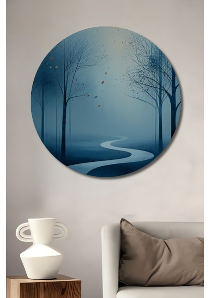 Mavi Rüya Ormanı Yağlı Boya Görünümlü Dekoratif Ahşap Ev/işyeri/ofis Yuvarlak Tablo