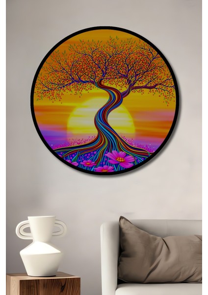 Çerçeve Görünümlü Çiçekli Hayat Ağacı Yağlı Boya Görünümlü Dekoratif Ahşap Ofis Yuvarlak Tablo