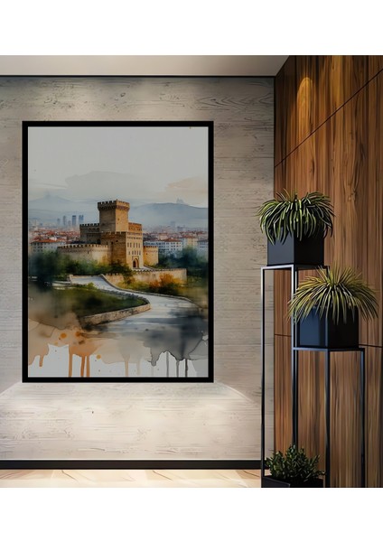 Çerçeve Görünümlü Sulu Boya Görünümlü Viyana Kalesi Manzarası Dekoratif Ahşap Ofis Kare Tablo