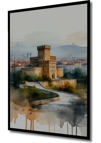 Çerçeve Görünümlü Sulu Boya Görünümlü Viyana Kalesi Manzarası Dekoratif Ahşap Ofis Kare Tablo fiyatları