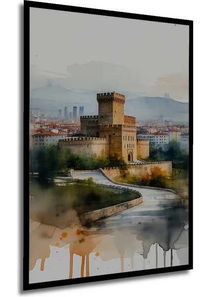 Çerçeve Görünümlü Sulu Boya Görünümlü Viyana Kalesi Manzarası Dekoratif Ahşap Ofis Kare Tablo modelleri